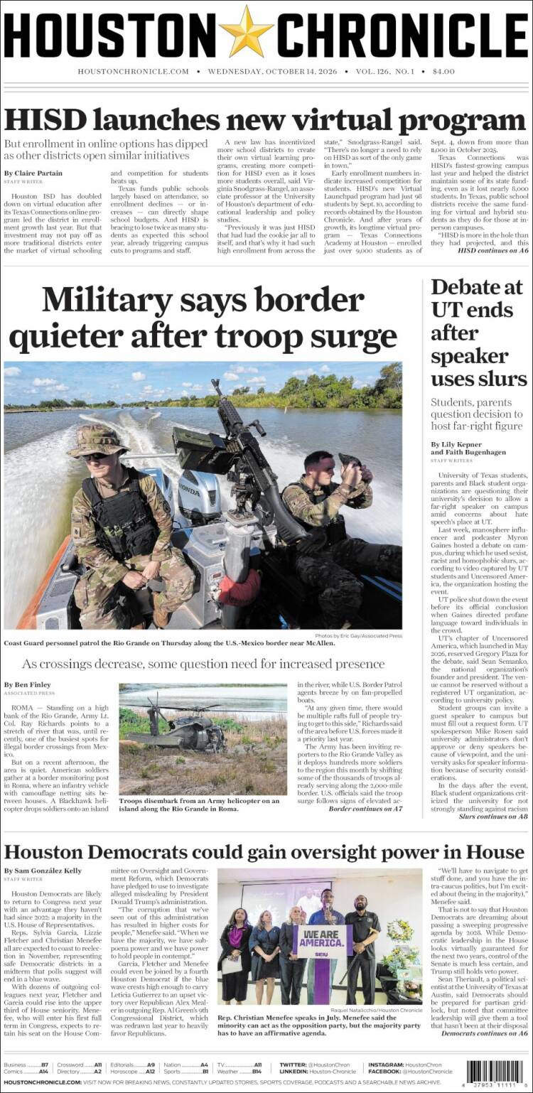 Portada de Houston Chronicle (USA)