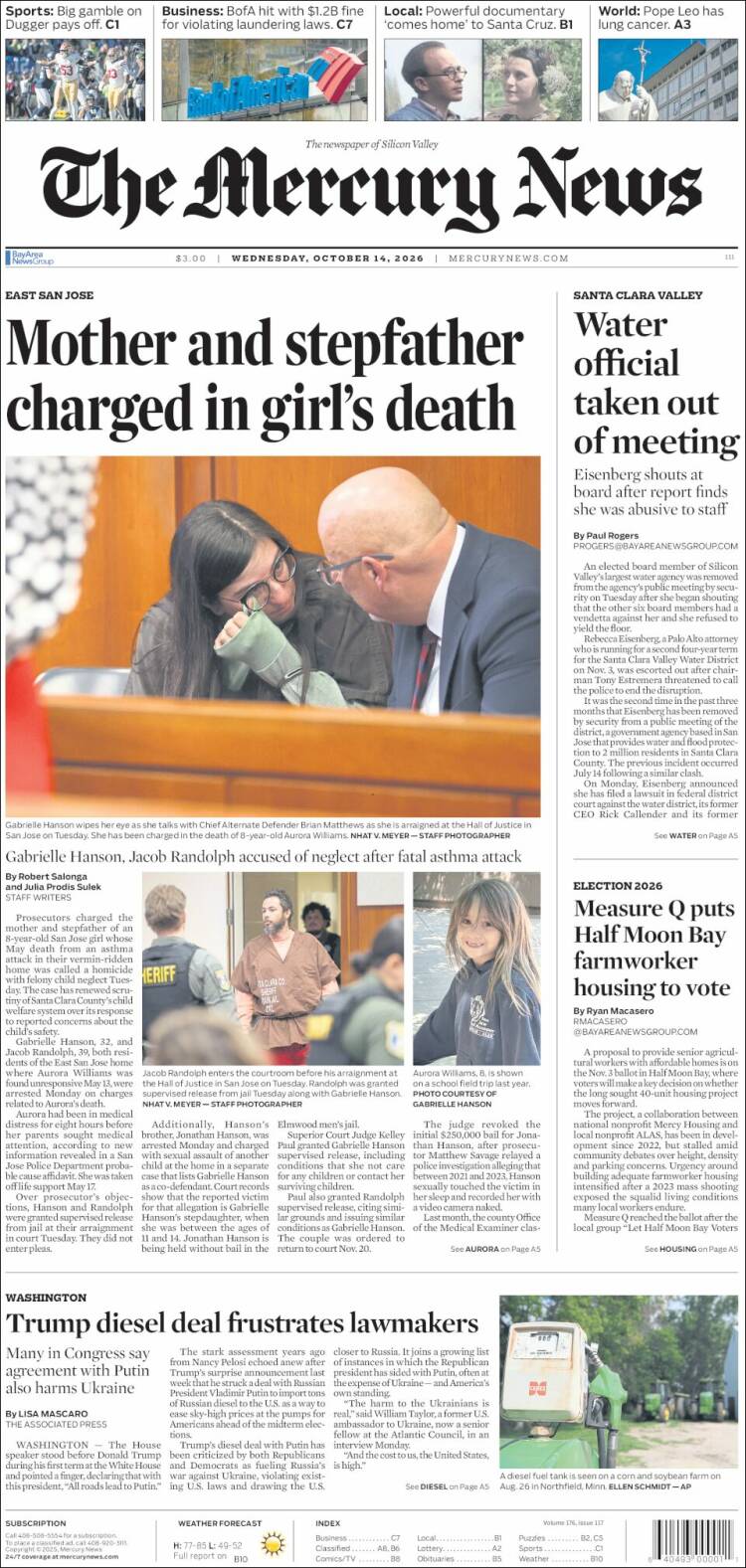 Portada de San Jose Mercury News (USA)