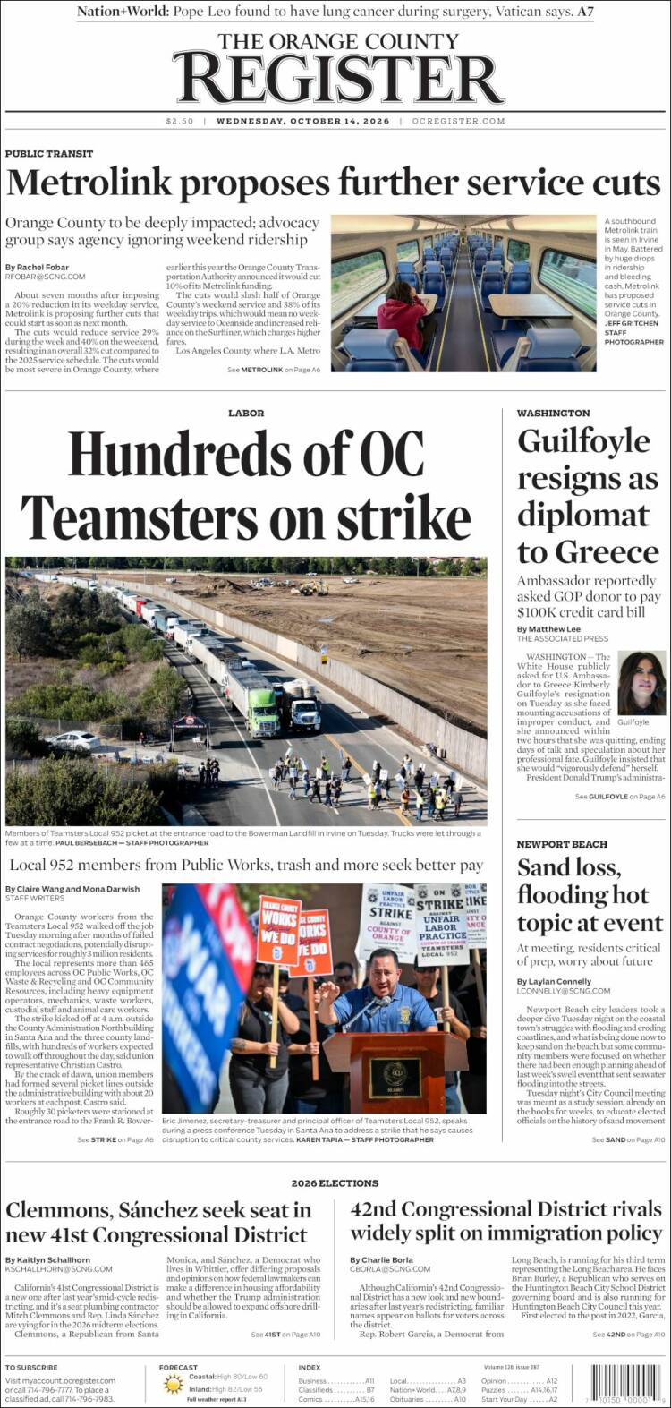 Portada de The Orange County Register (USA)