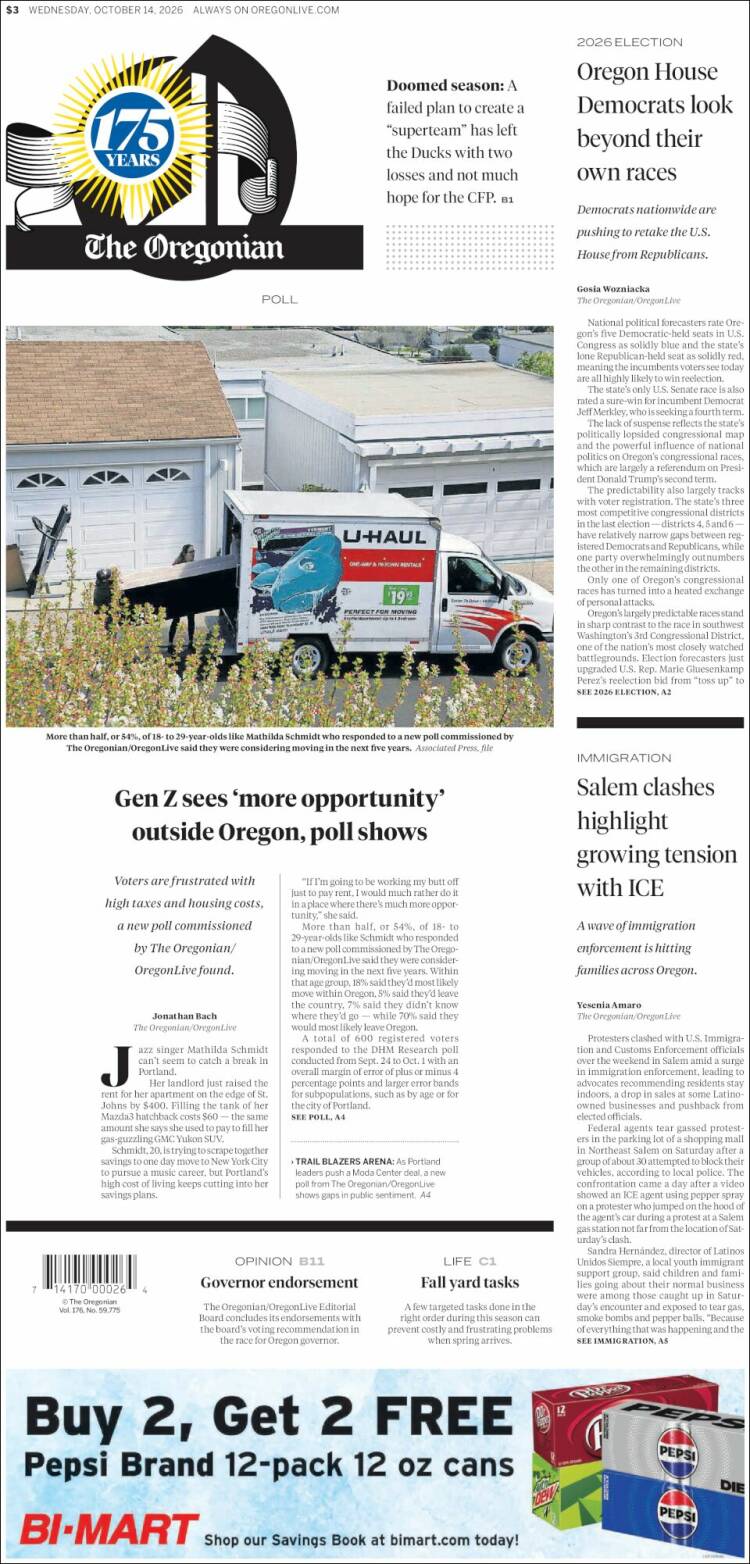 Portada de The Oregonian (USA)