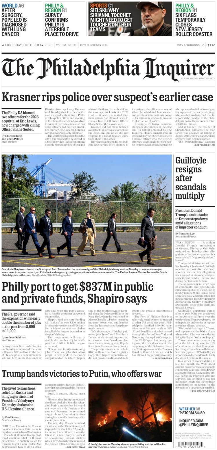 Portada de Philadelphia Inquirer (USA)