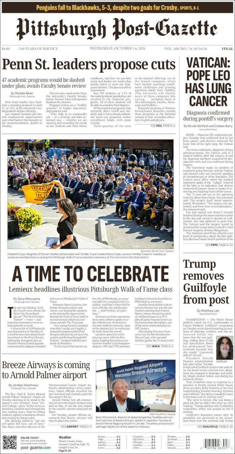 Portada de Pittsburgh Post-Gazette (USA)