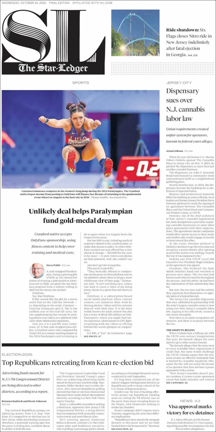 Portada de Star-Ledger (USA)
