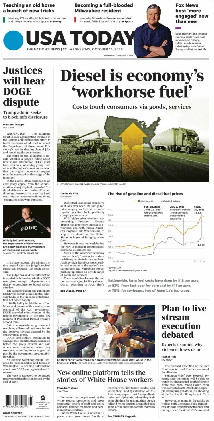 Portada de USA Today (&Eacute;tats-Unis)