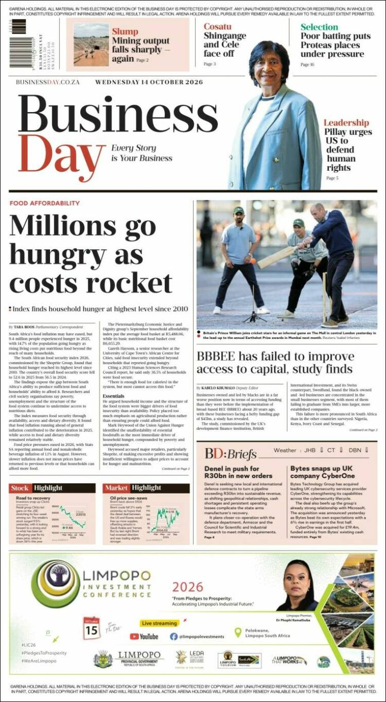Portada de Business Day (Sud&aacute;frica)