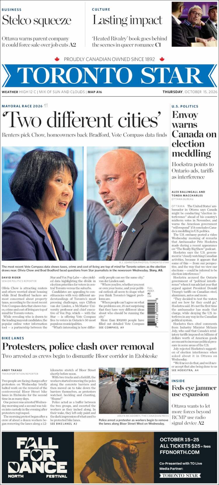 Portada de The Toronto Star (Canad&aacute;)