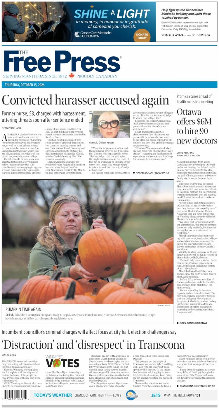 Portada de Winnipeg Free Press (Canad&aacute;)