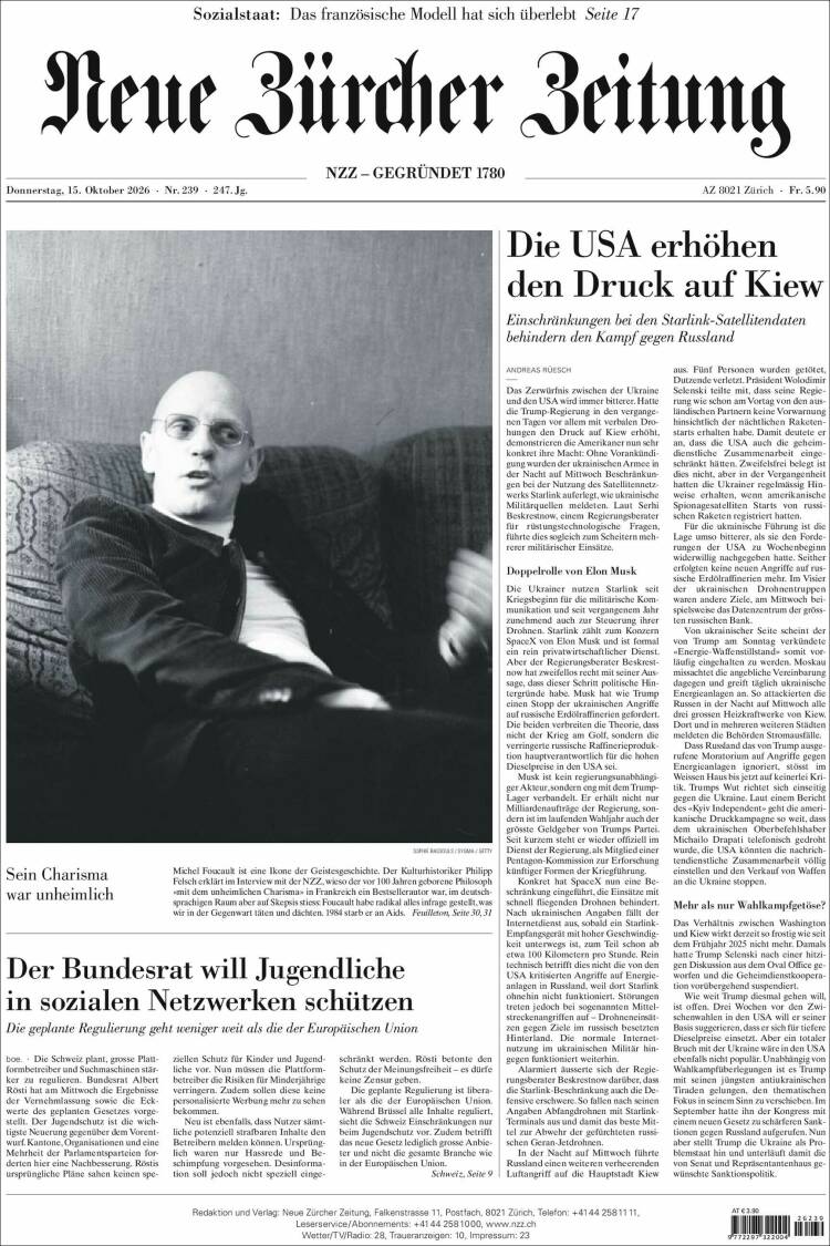Portada de Neue Zürcher Zeitung (Suiza)
