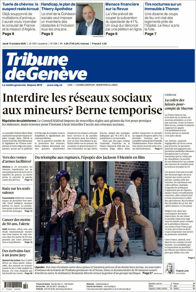 Portada de La Tribune de Genève (Suiza)