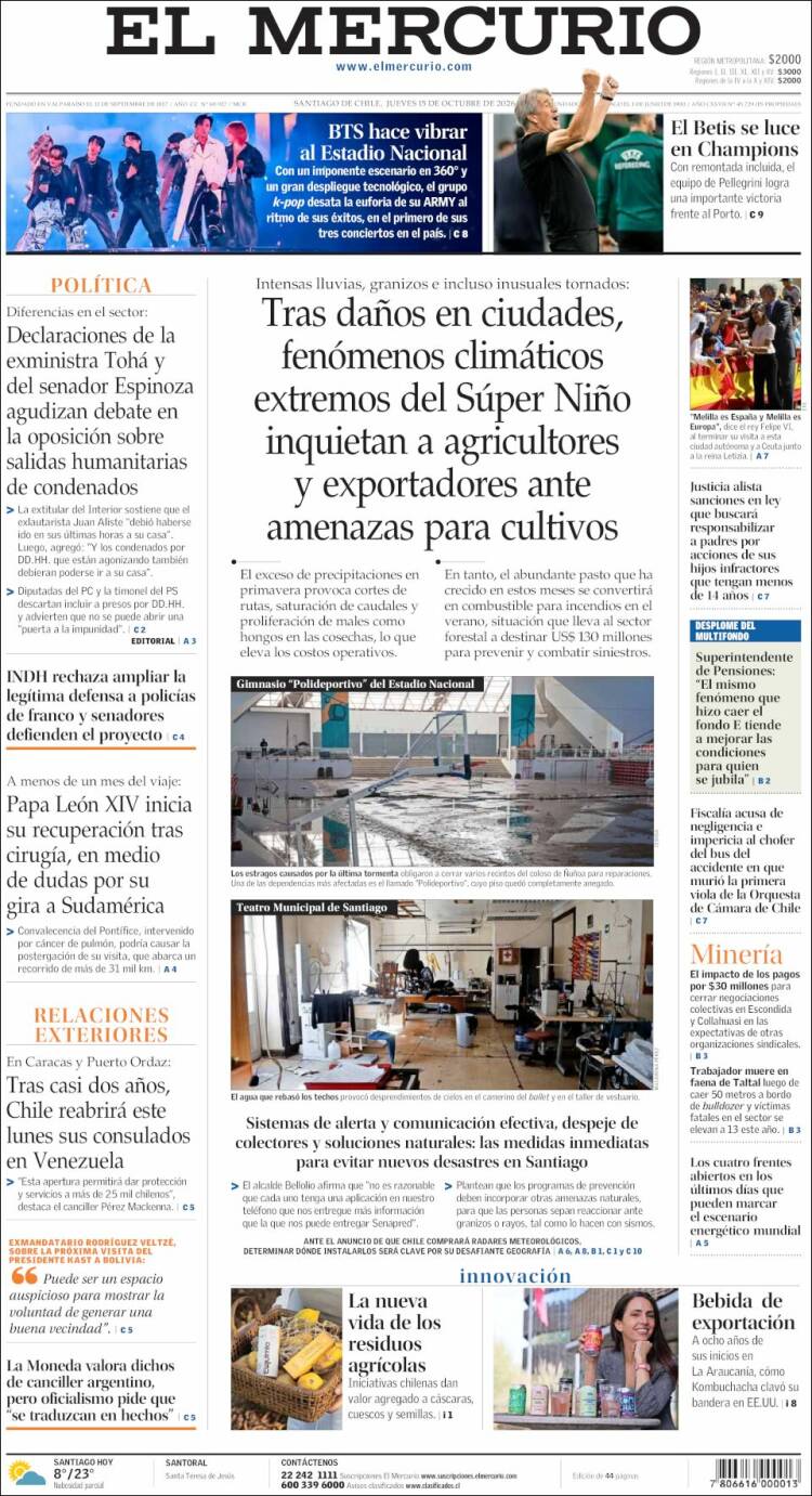 Portada de El Mercurio (Chile)