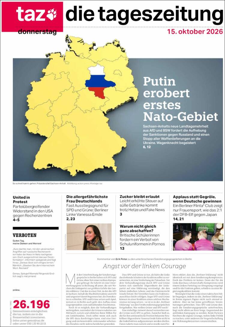 Portada de Die Tageszeitung (Alemania)