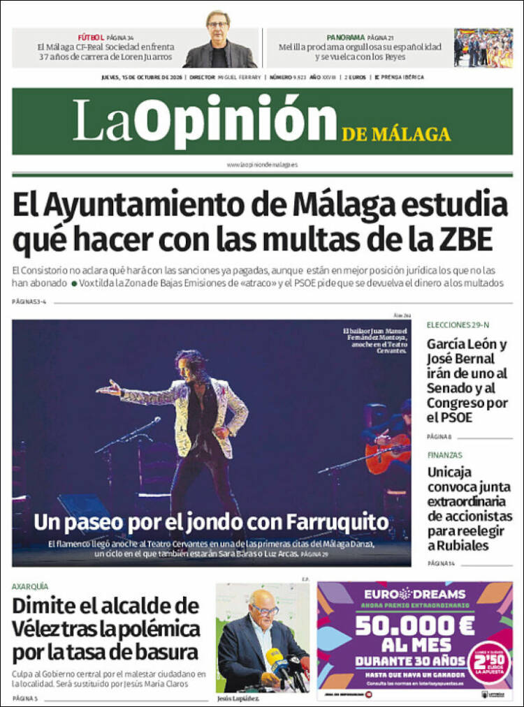 Portada de La Opinión de Málaga (Espa&ntilde;a)