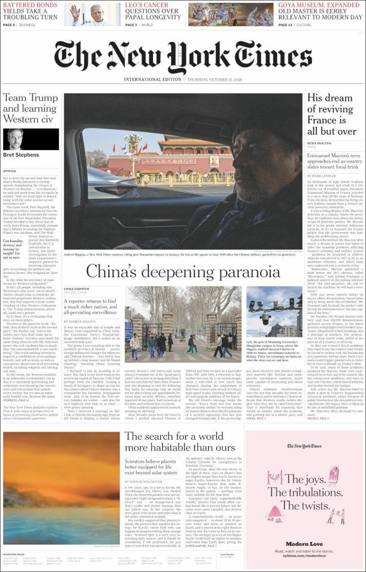 Portada de International New York Times (Europa)