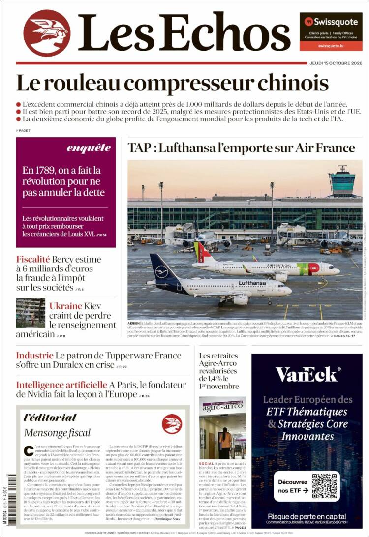 Portada de Les Echos (Francia)