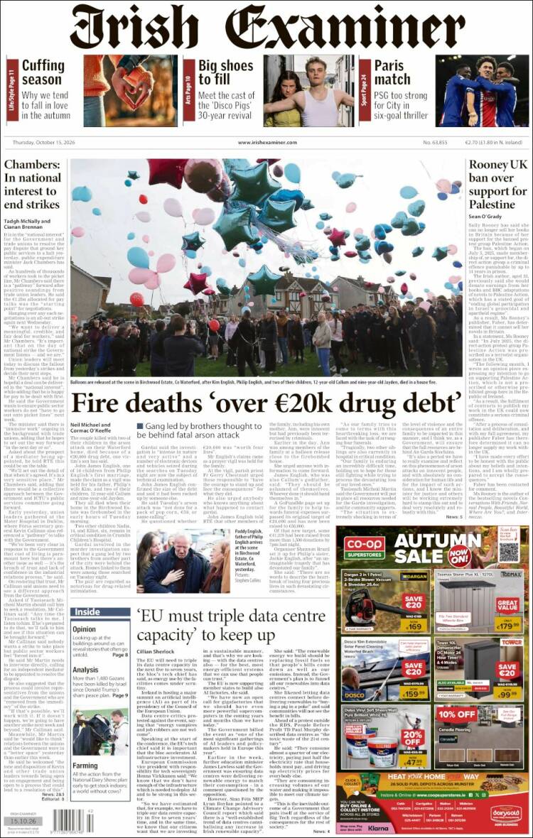 Portada de Irish Examiner (Irlanda)