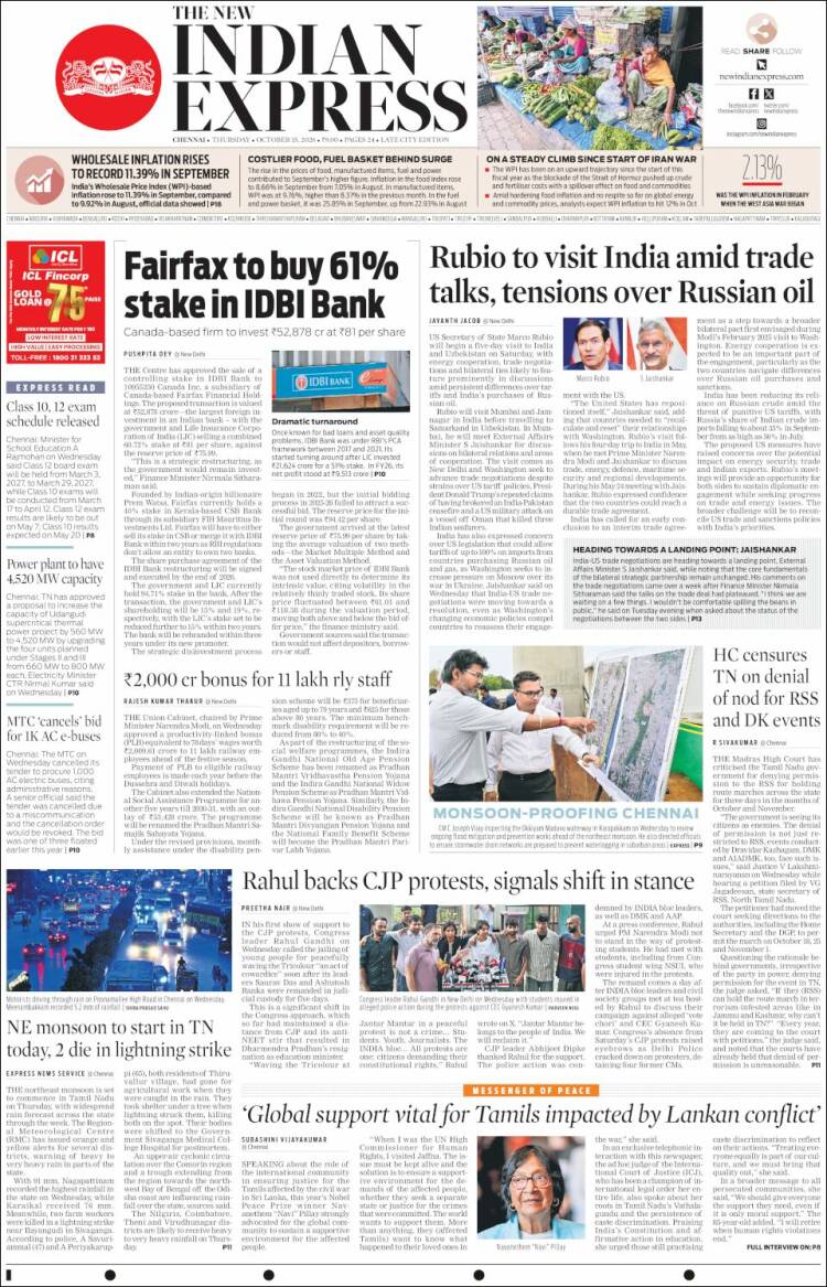 Portada de New Indian Express (India)
