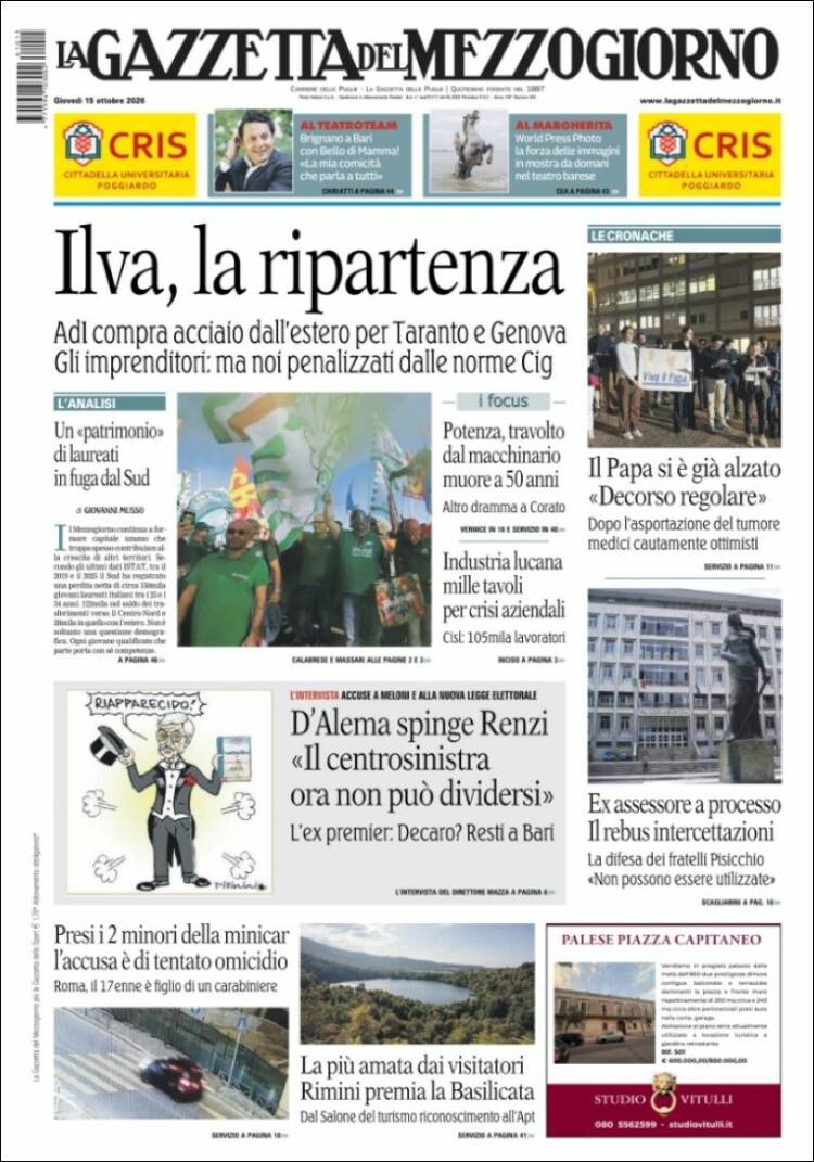 Portada de La Gazzetta del Mezzogiorno (Italia)
