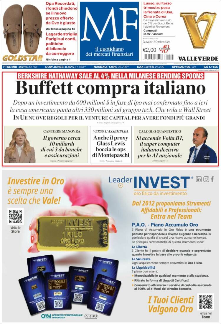 Portada de Milano Finanza (Italia)