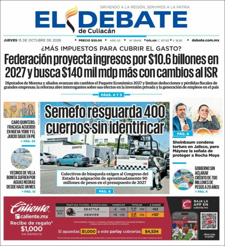 Portada de El Debate de Culiacán (M&eacute;xico)