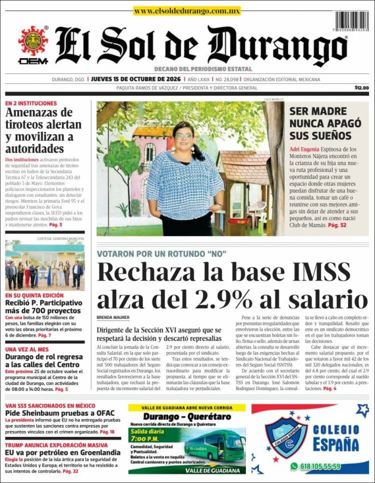 Portada de El Sol de Durango (M&eacute;xico)