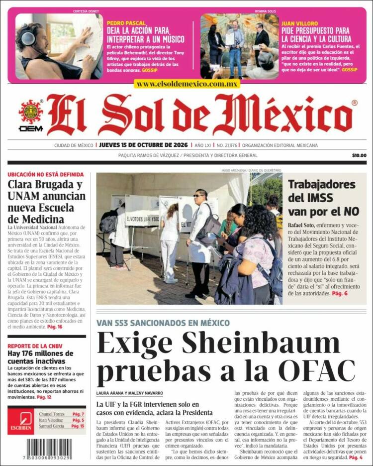 Portada de El Sol de México (M&eacute;xico)