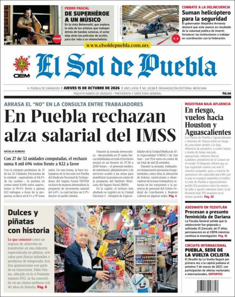 Portada de El Sol de Puebla (M&eacute;xico)