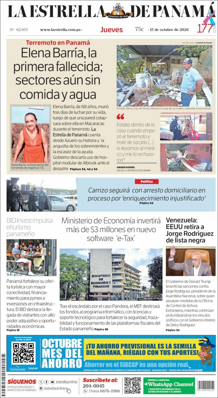 Portada de La Estrella de Panamá (Panam&aacute;)