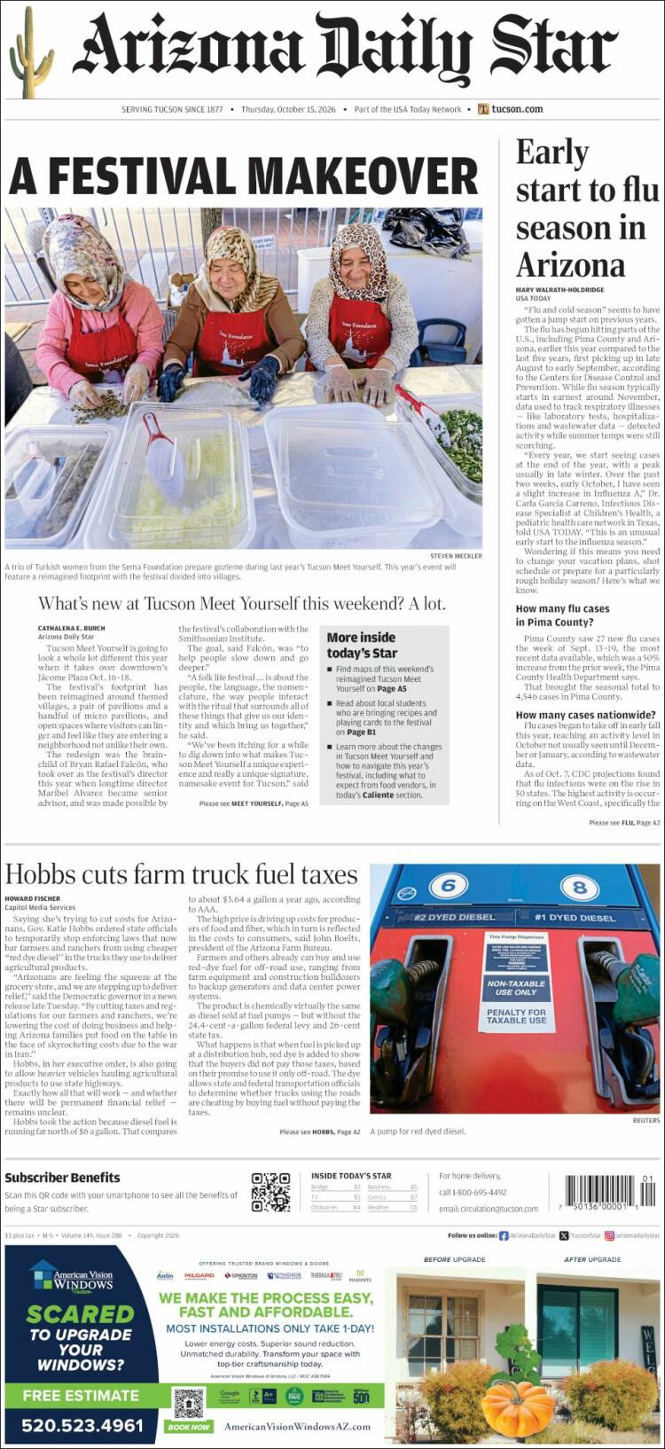 Portada de Arizona Daily Star (USA)