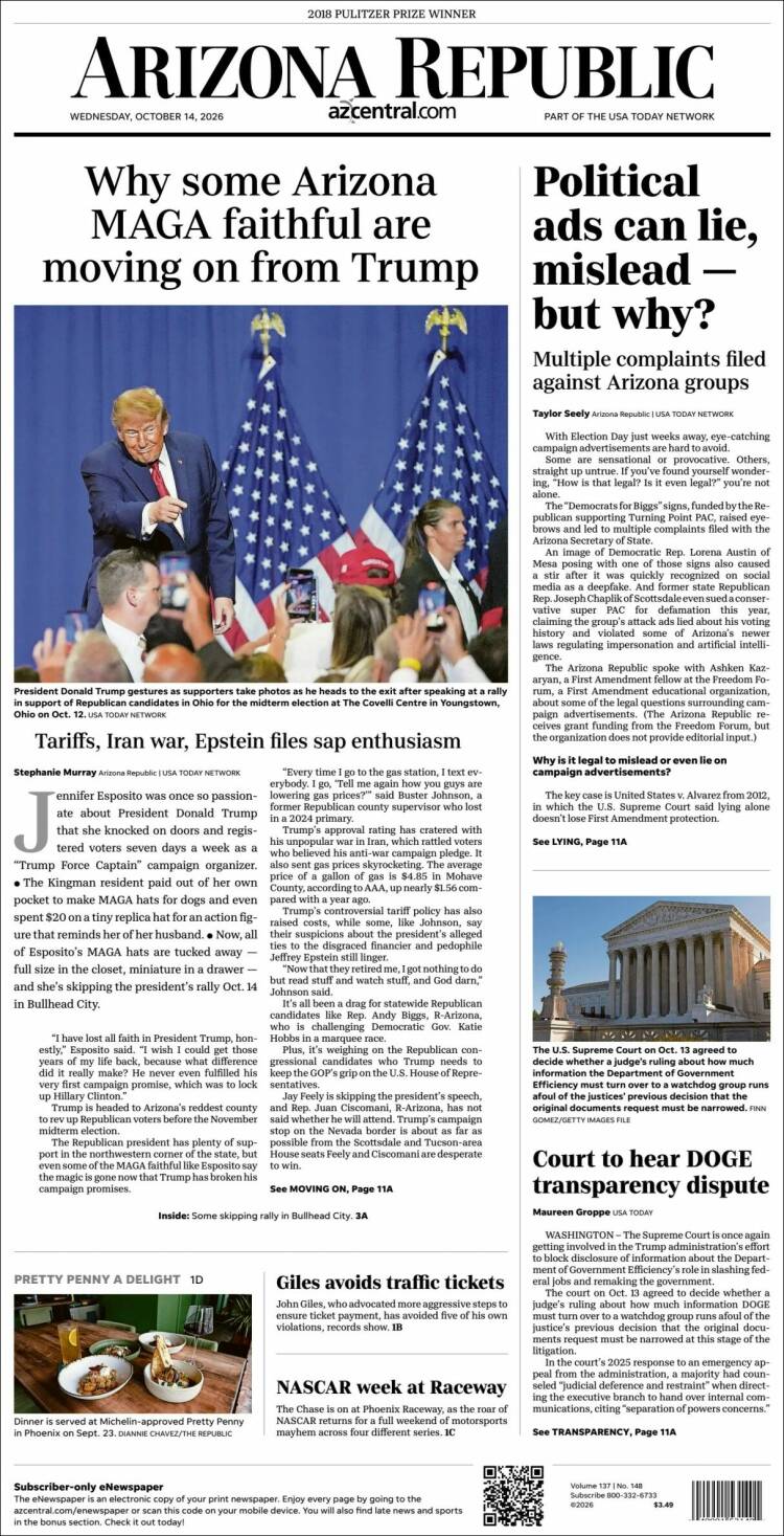 Portada de Arizona Republic News (USA)
