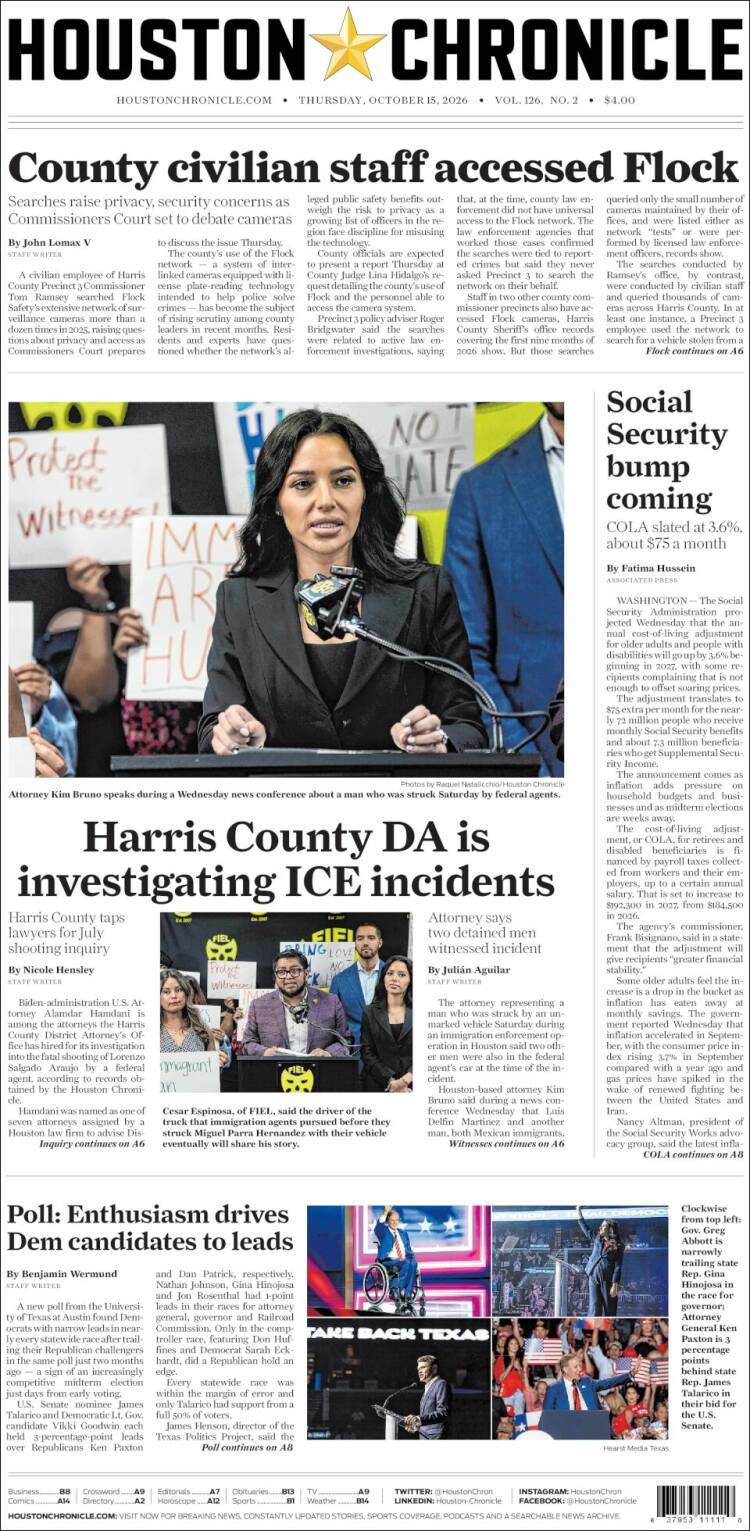 Portada de Houston Chronicle (USA)