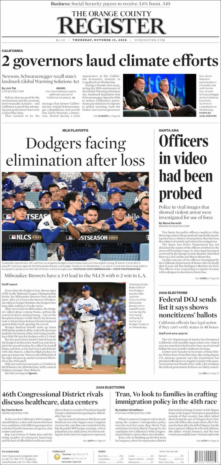 Portada de The Orange County Register (USA)