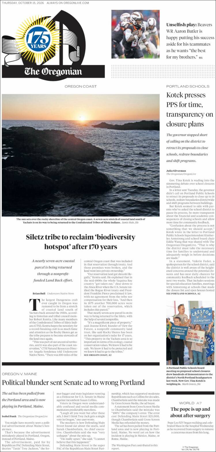 Portada de The Oregonian (USA)