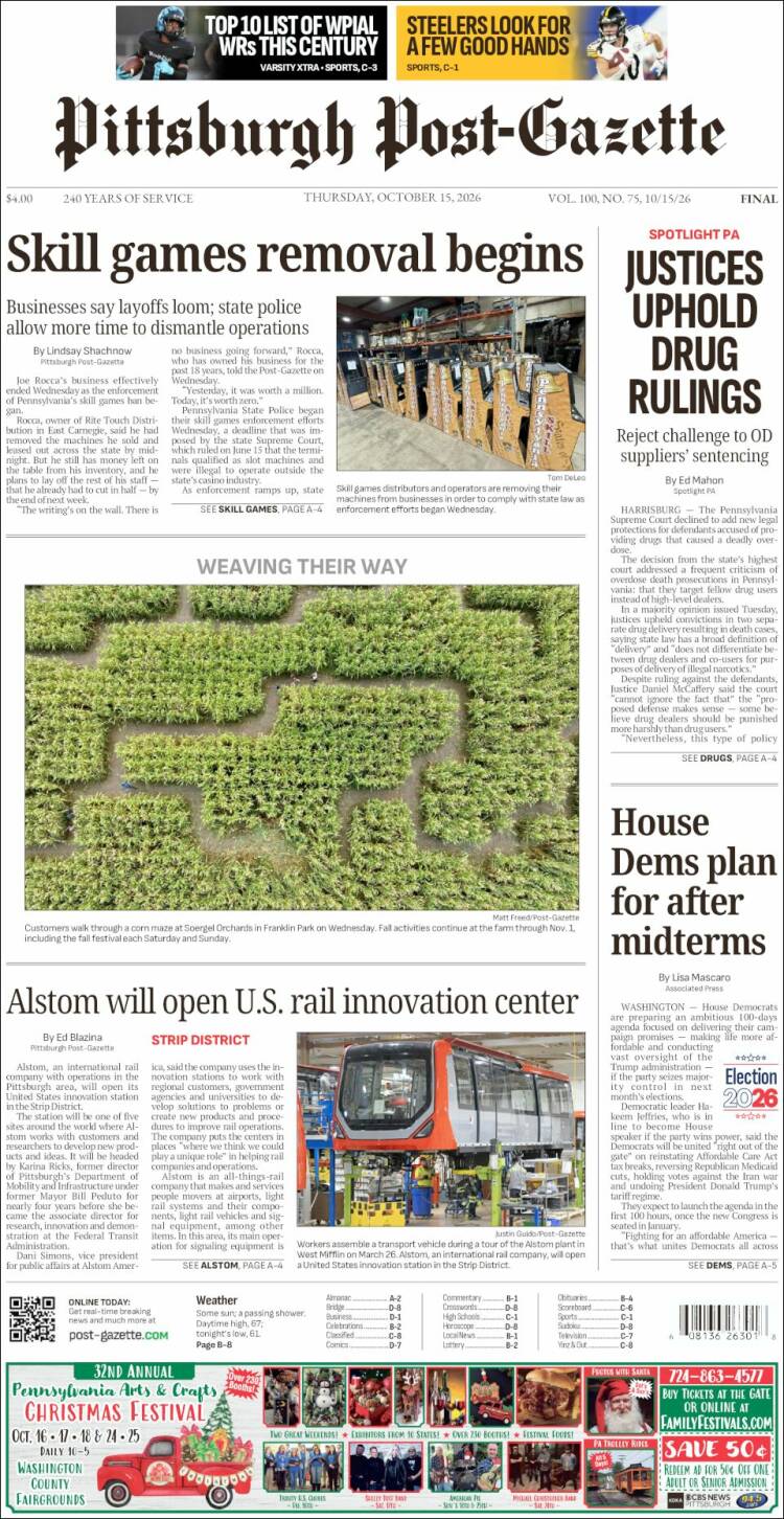 Portada de Pittsburgh Post-Gazette (USA)
