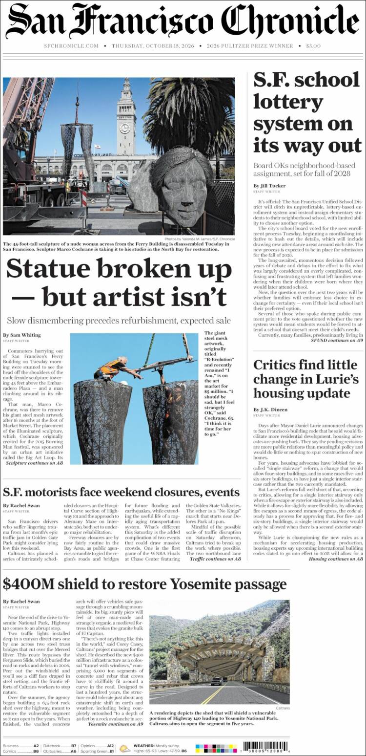 Portada de San Francisco Chronicle (USA)