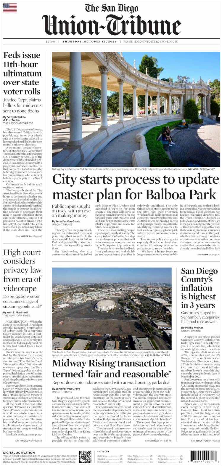 Portada de The San Diego Union-Tribune (USA)