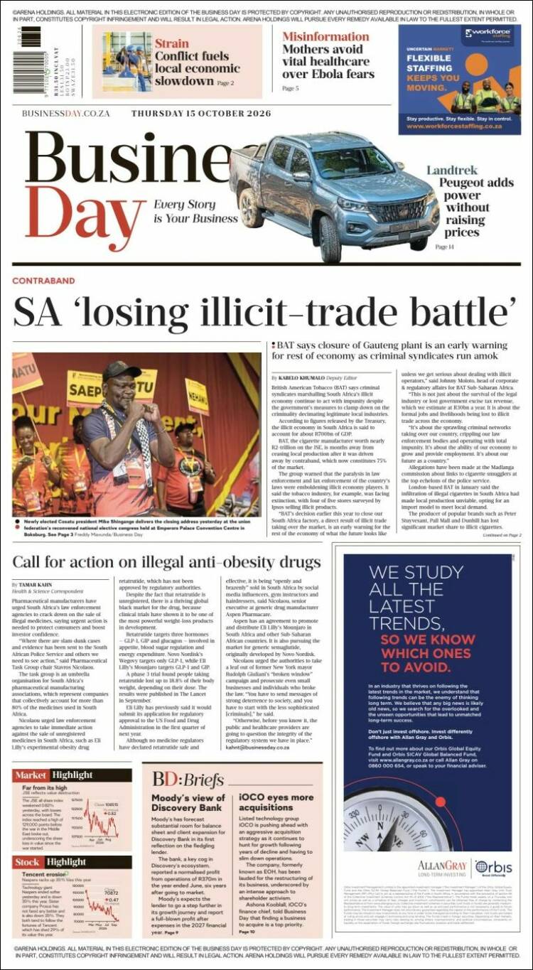 Portada de Business Day (Sud&aacute;frica)