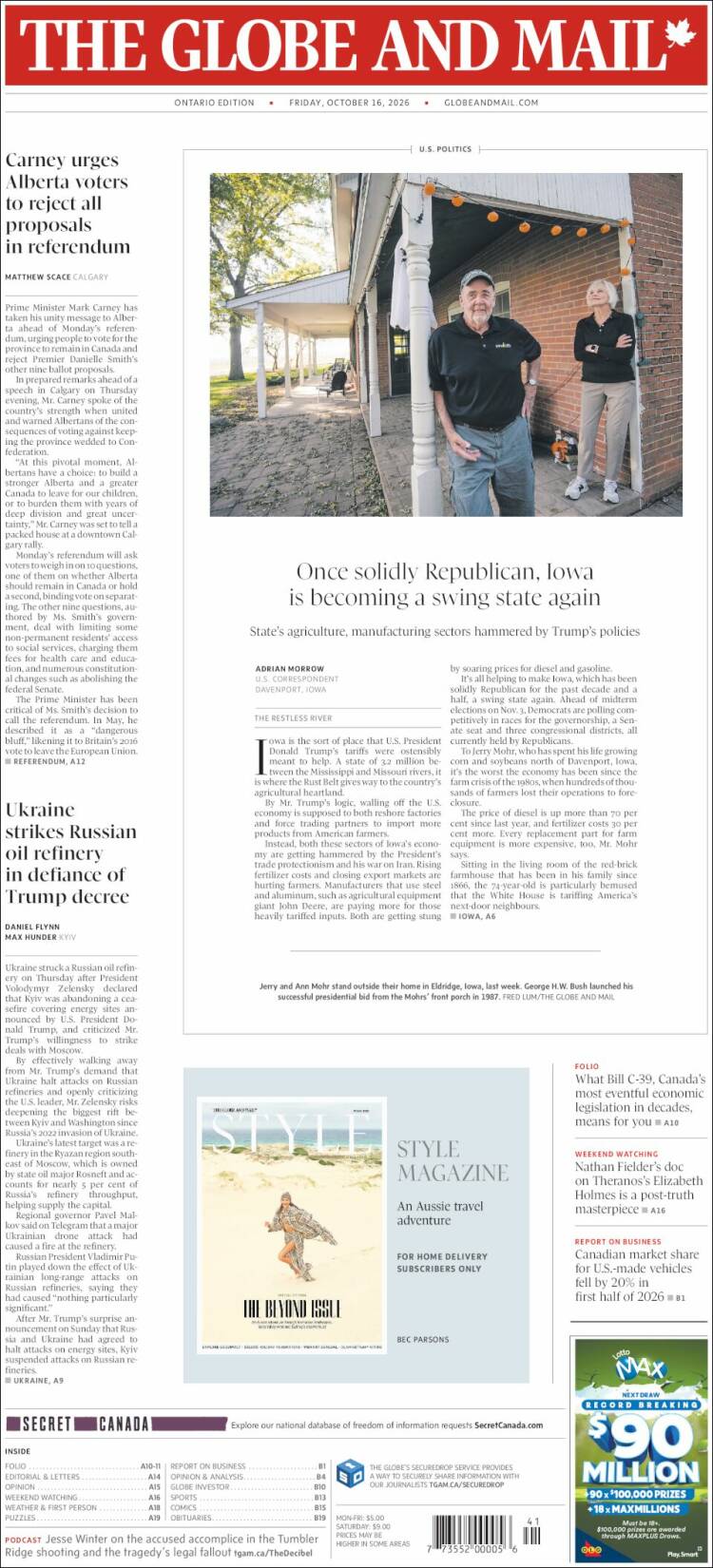 Portada de The Globe and Mail (Canad&aacute;)