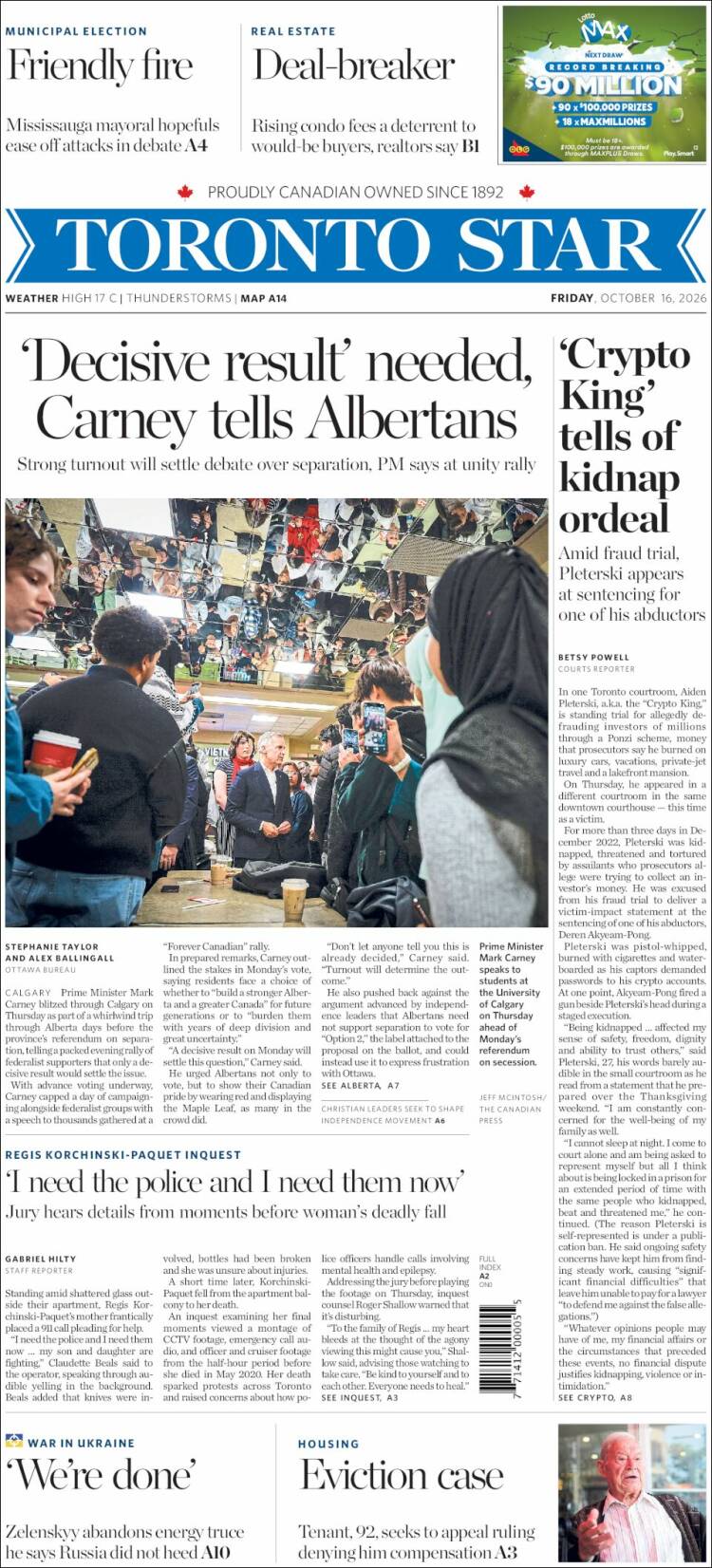 Portada de The Toronto Star (Canad&aacute;)