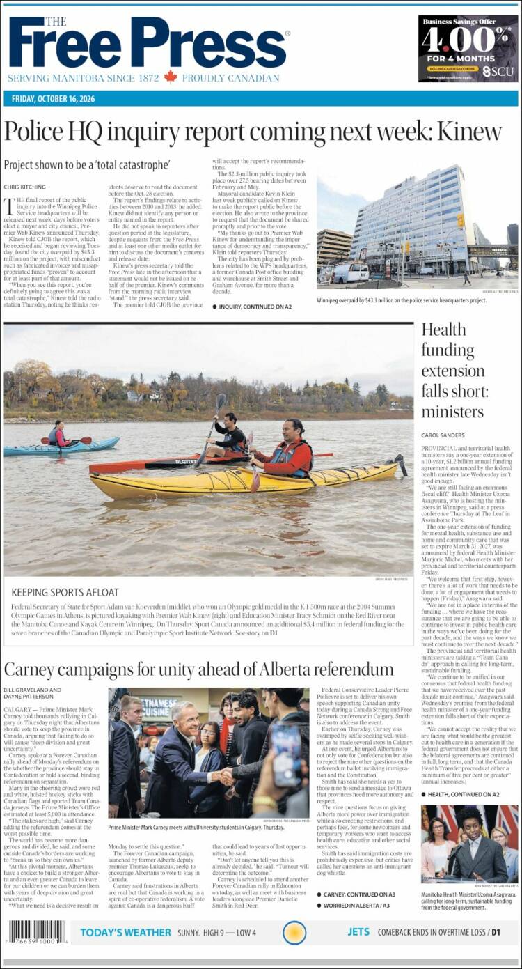 Portada de Winnipeg Free Press (Canad&aacute;)