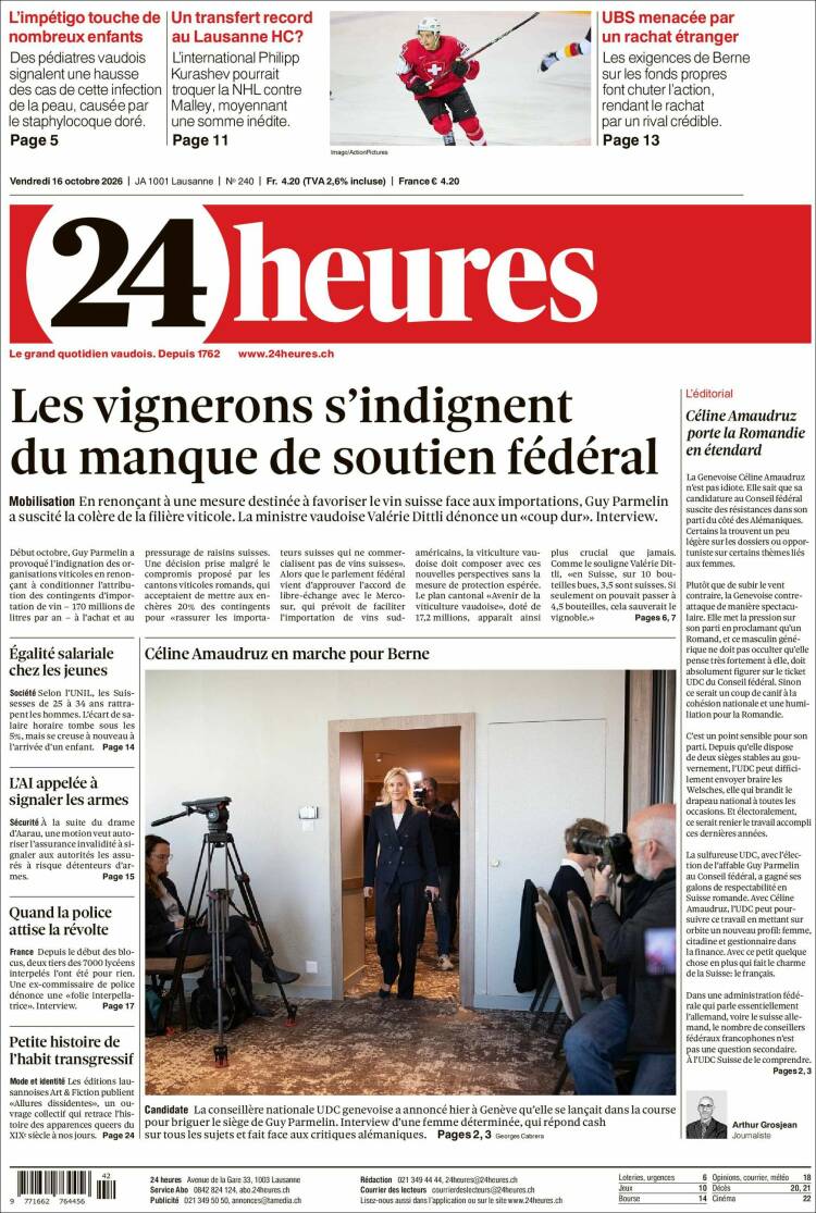 Portada de 24 Heures (Suiza)