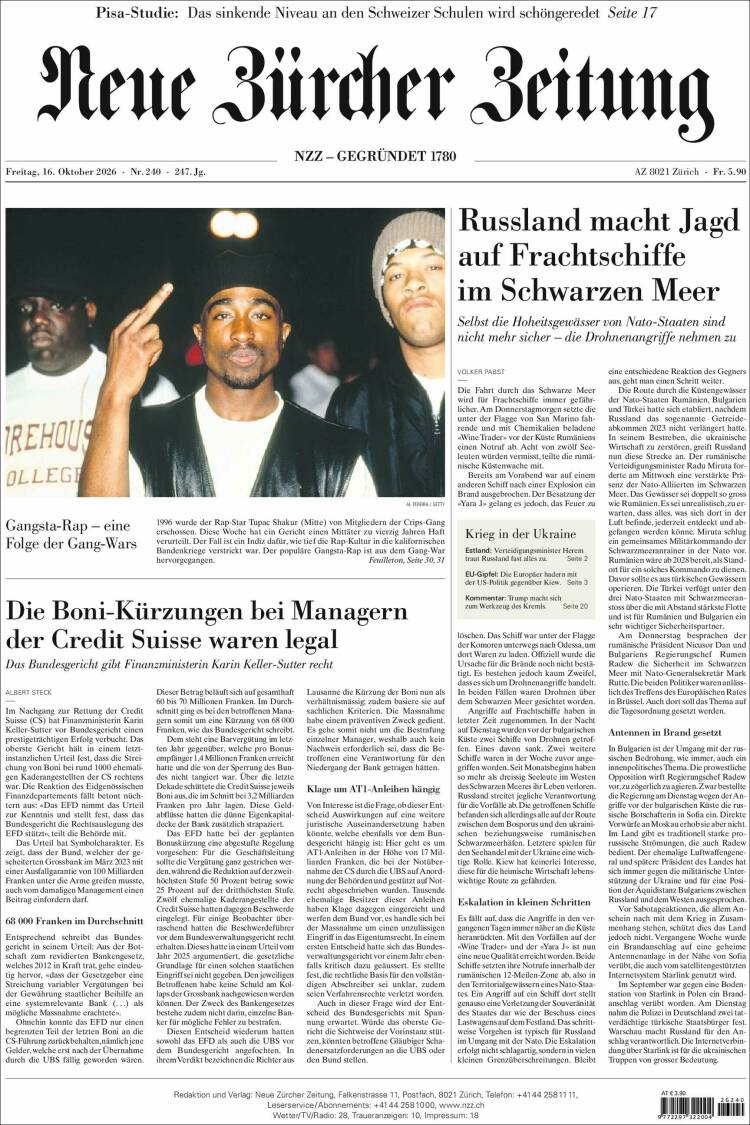 Portada de Neue Zürcher Zeitung (Suiza)