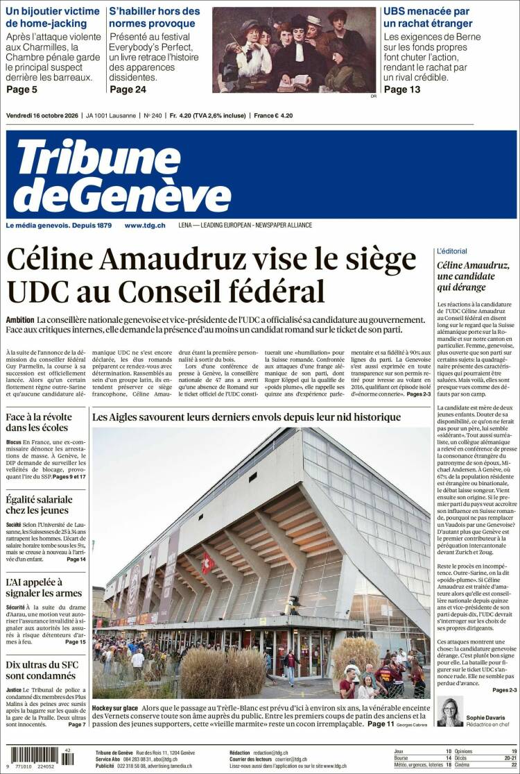 Portada de La Tribune de Genève (Suiza)