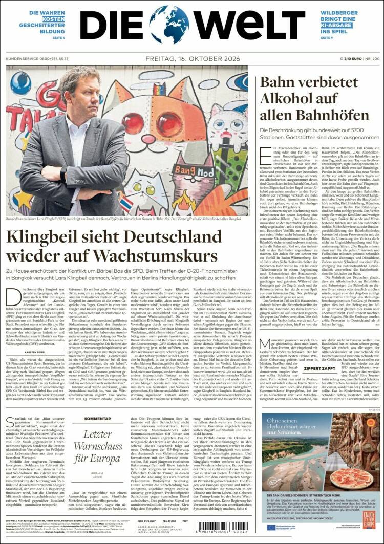 Portada de Die Welt (Alemania)