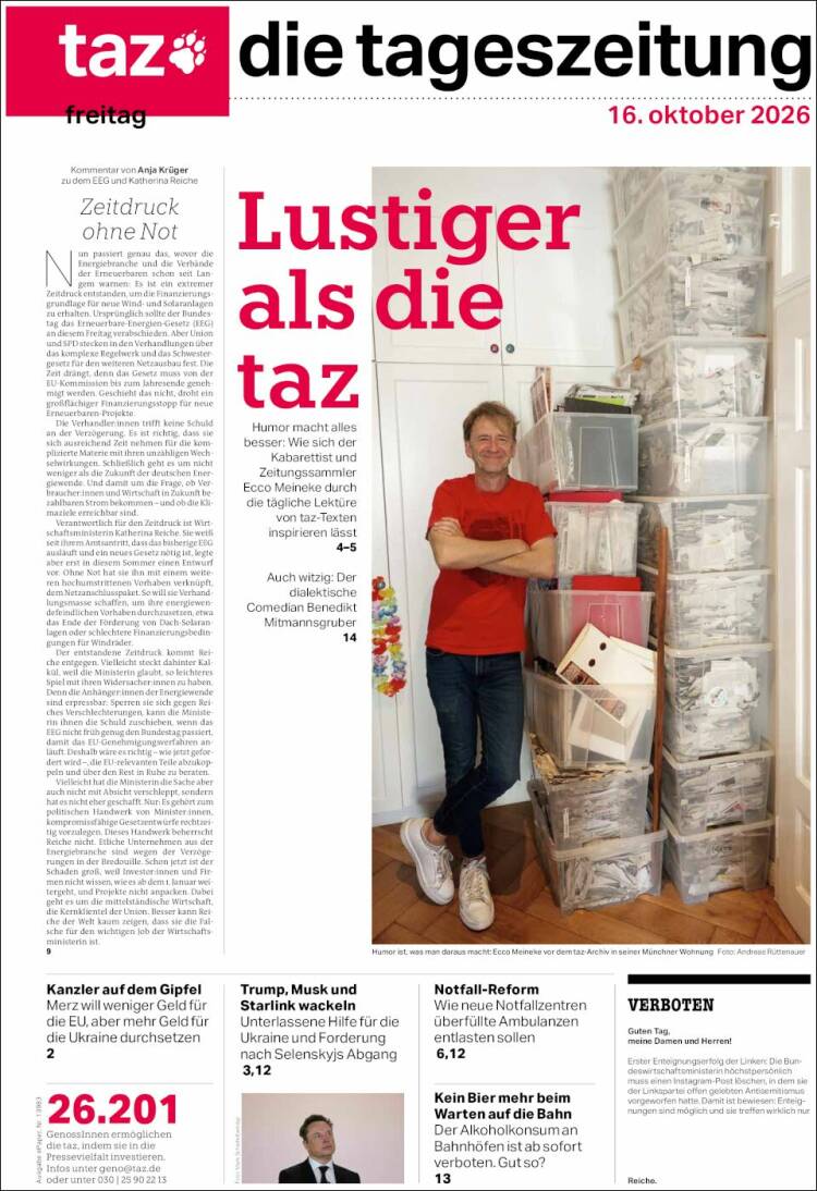 Portada de Die Tageszeitung (Alemania)