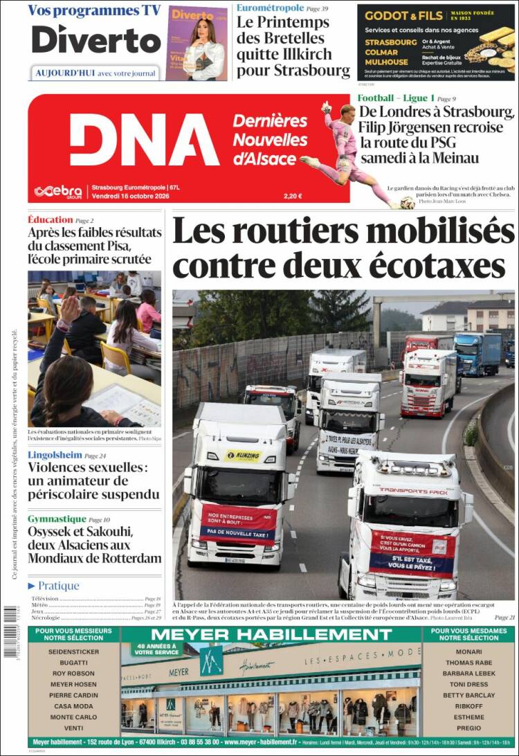 Portada de Les Dernières Nouvelles d'Alsace (Francia)