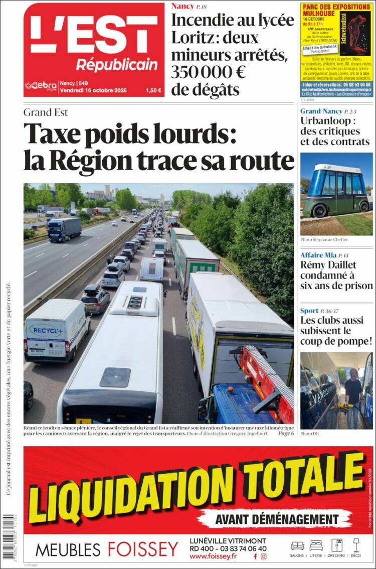 Portada de L'Est Republicain (Francia)