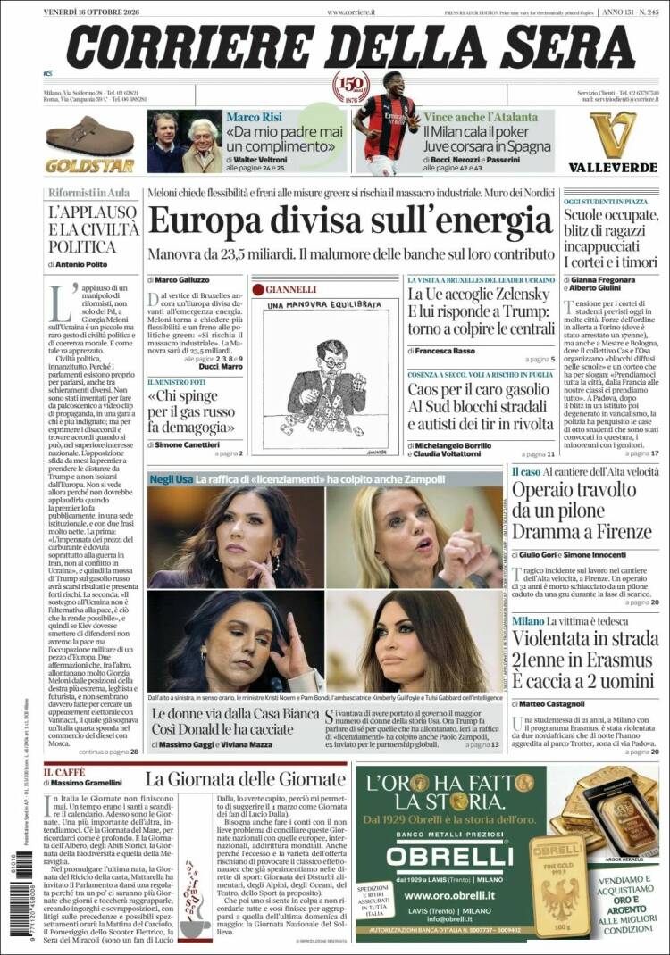 Portada de Corriere della Sera (Italy)