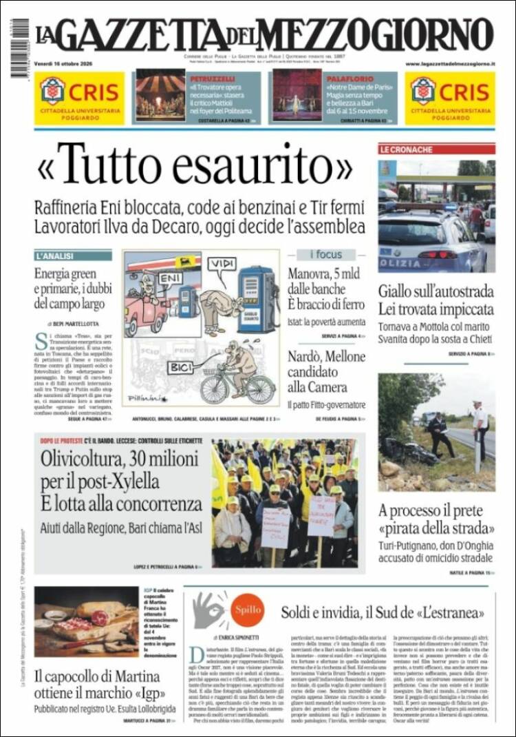 Portada de La Gazzetta del Mezzogiorno (Italia)