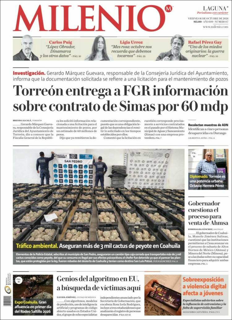 Portada de Milenio - Laguna (M&eacute;xico)