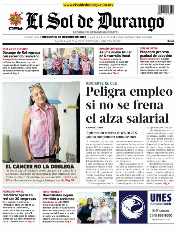 Portada de El Sol de Durango (M&eacute;xico)